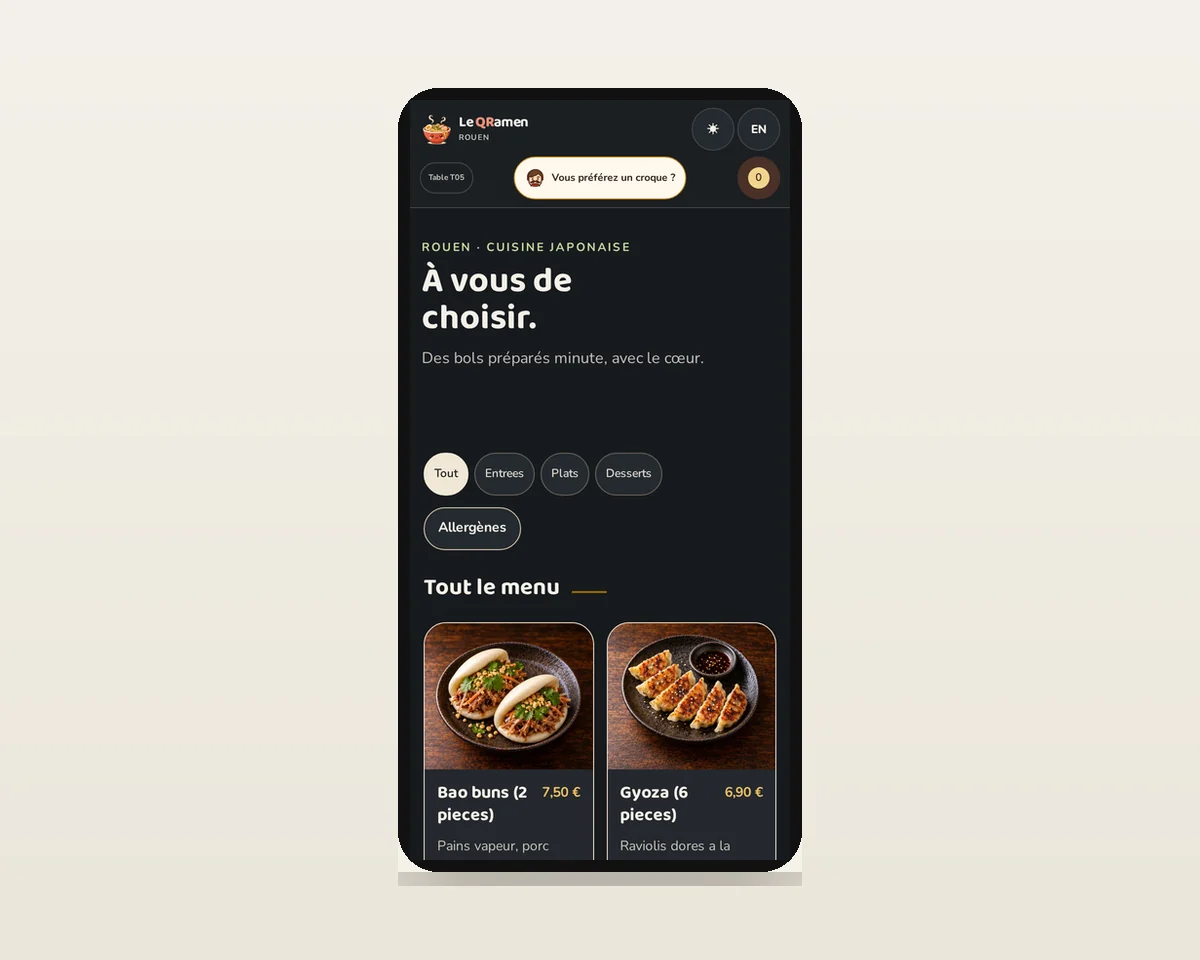 Le QRamen — La carte ouverte par QR code, une URL par table.